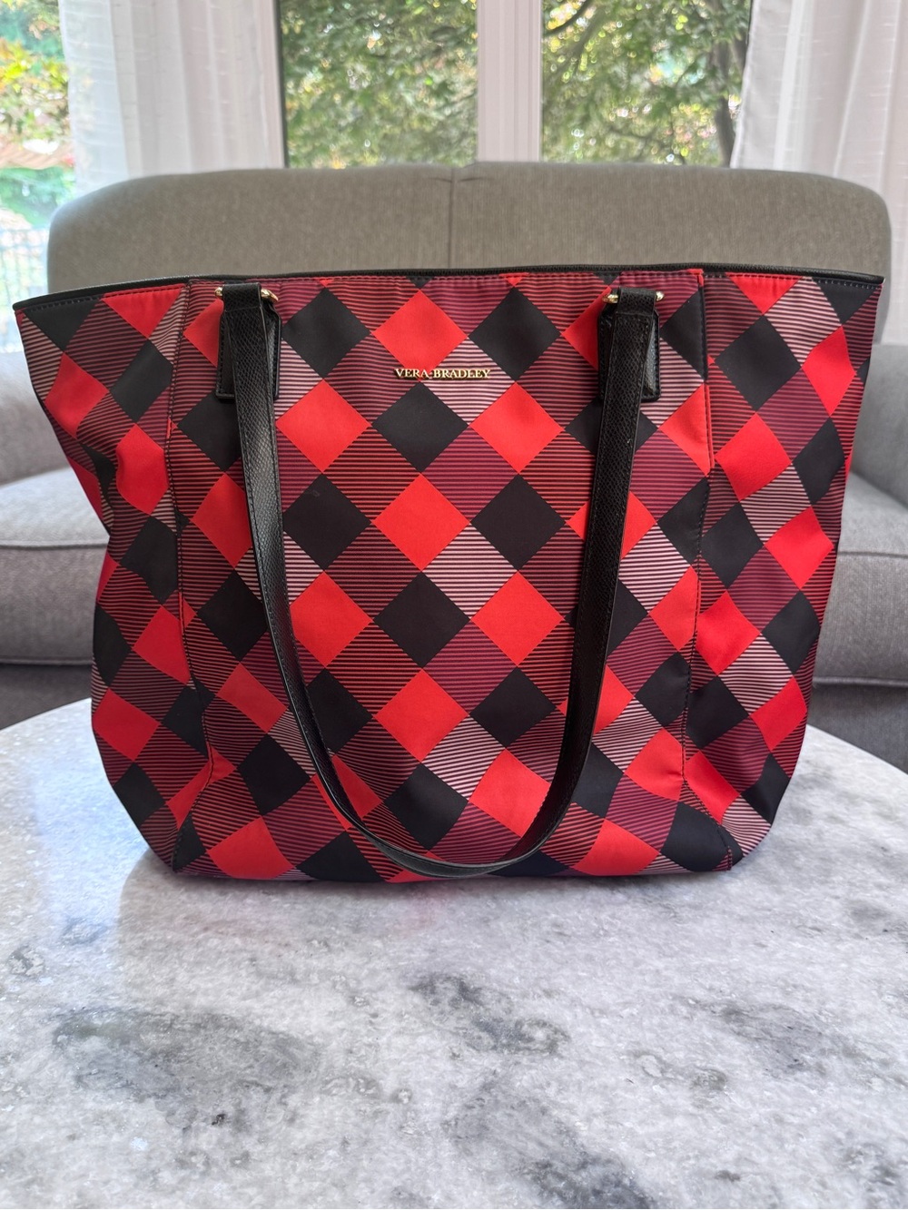 Vera Bradley Red and Black Buffalo Check Tote with Gold Logo